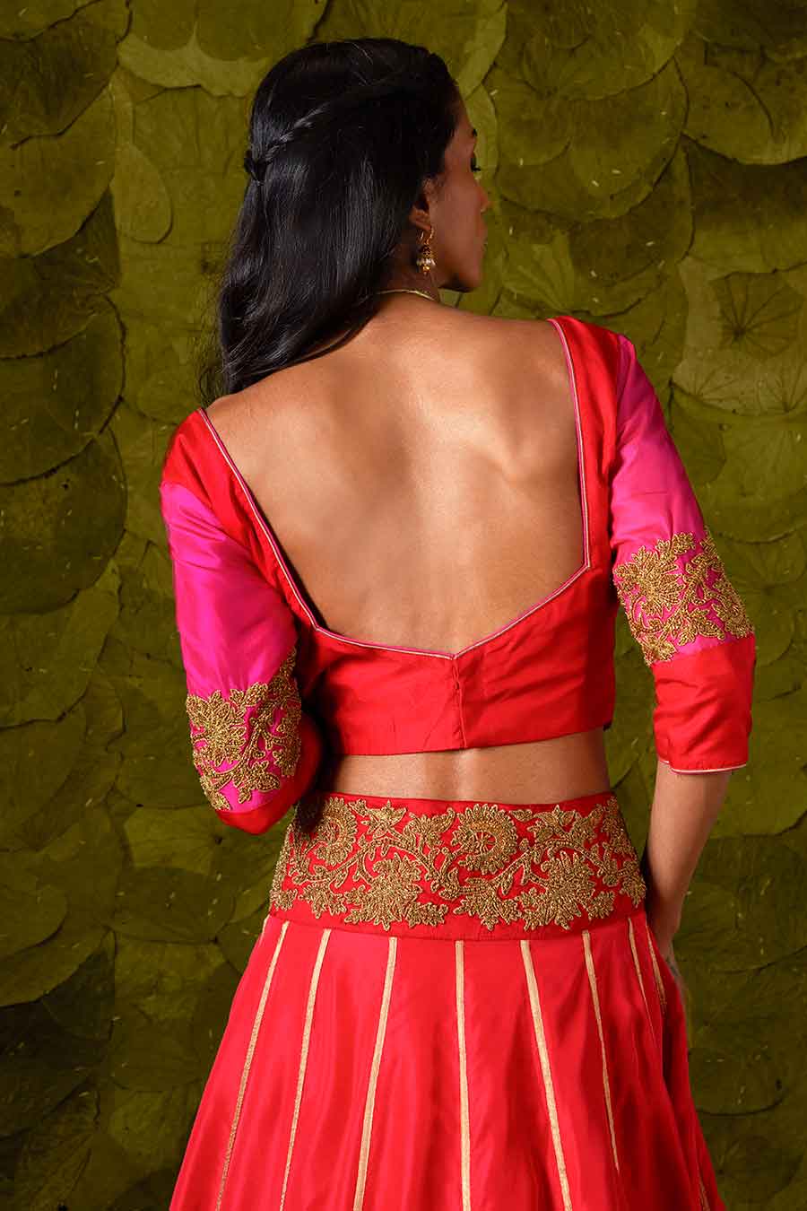 Pink with Crimson Red & Jalapeno Red Embroidered Lehenga Set