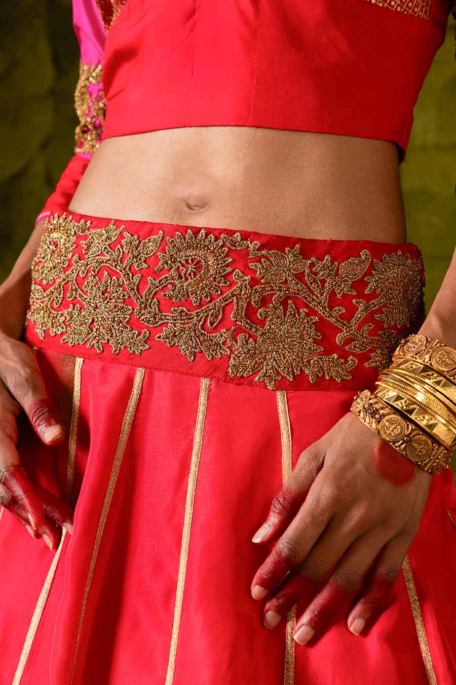 Pink with Crimson Red & Jalapeno Red Embroidered Lehenga Set