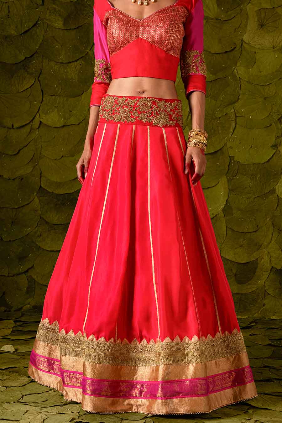 Pink with Crimson Red & Jalapeno Red Embroidered Lehenga Set