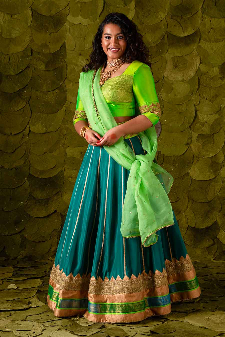 Lime Green & Cape Verde Blue Embroidered Lehenga Set