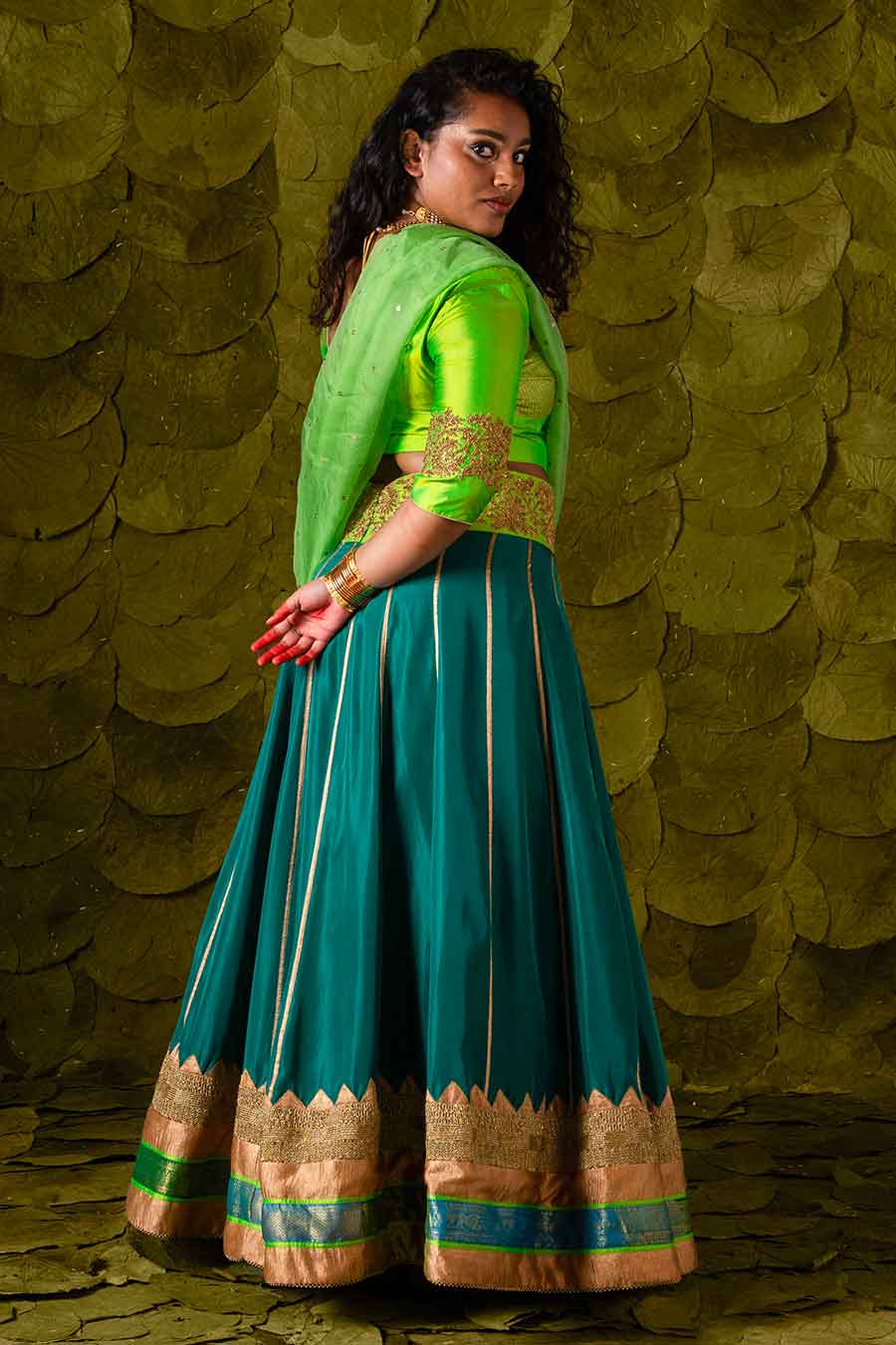 Lime Green & Cape Verde Blue Embroidered Lehenga Set