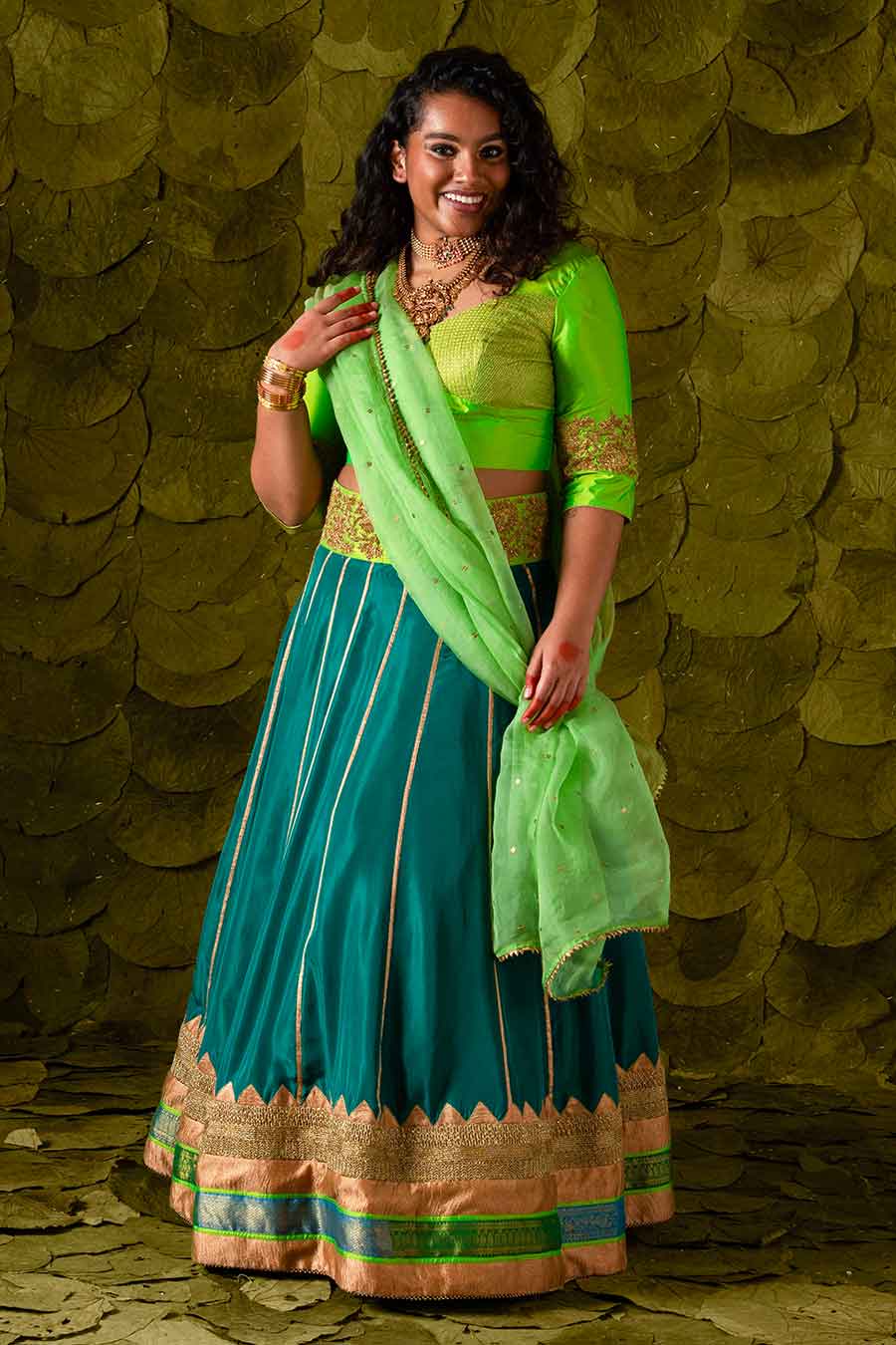 Lime Green & Cape Verde Blue Embroidered Lehenga Set