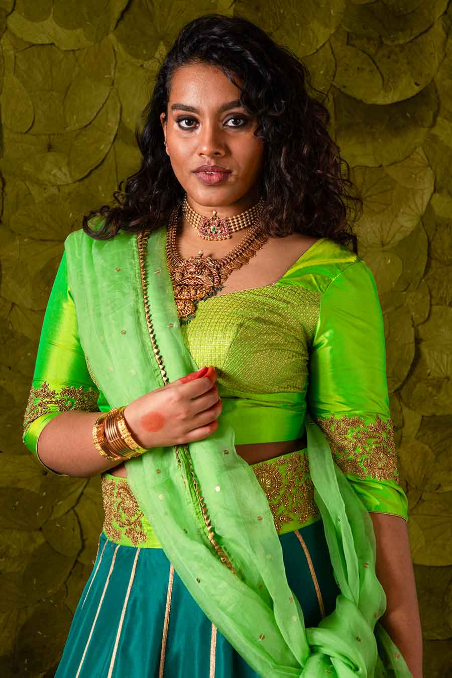 Lime Green & Cape Verde Blue Embroidered Lehenga Set