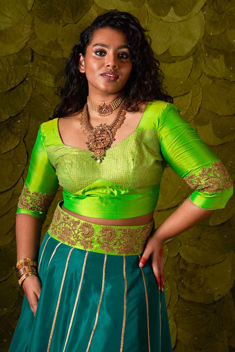 Lime Green & Cape Verde Blue Embroidered Lehenga Set