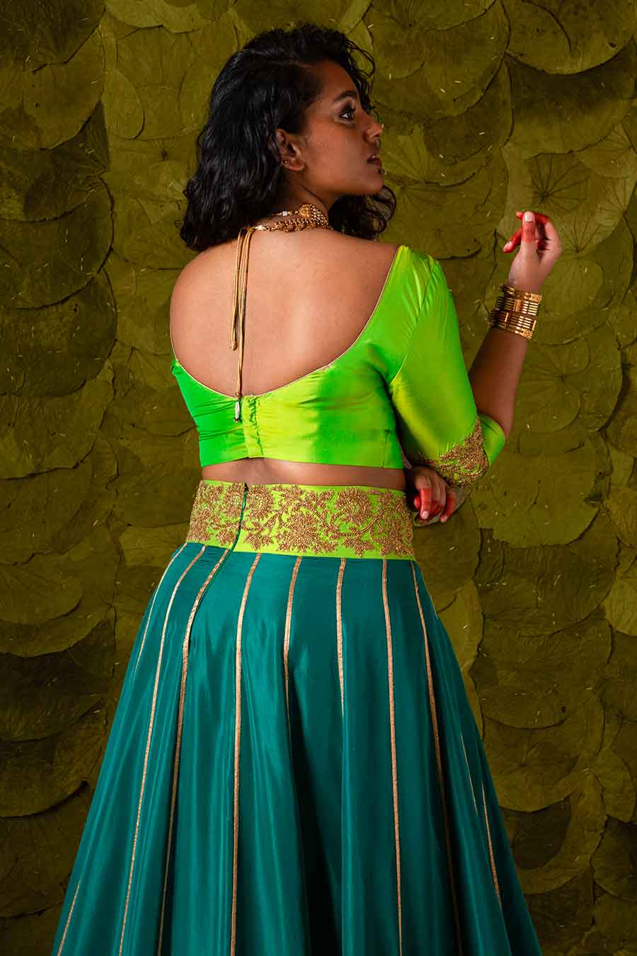 Lime Green & Cape Verde Blue Embroidered Lehenga Set