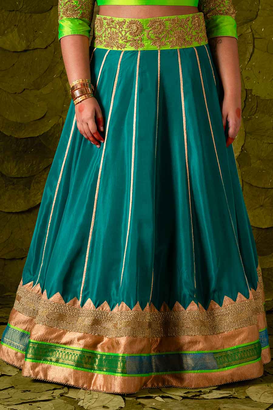 Lime Green & Cape Verde Blue Embroidered Lehenga Set