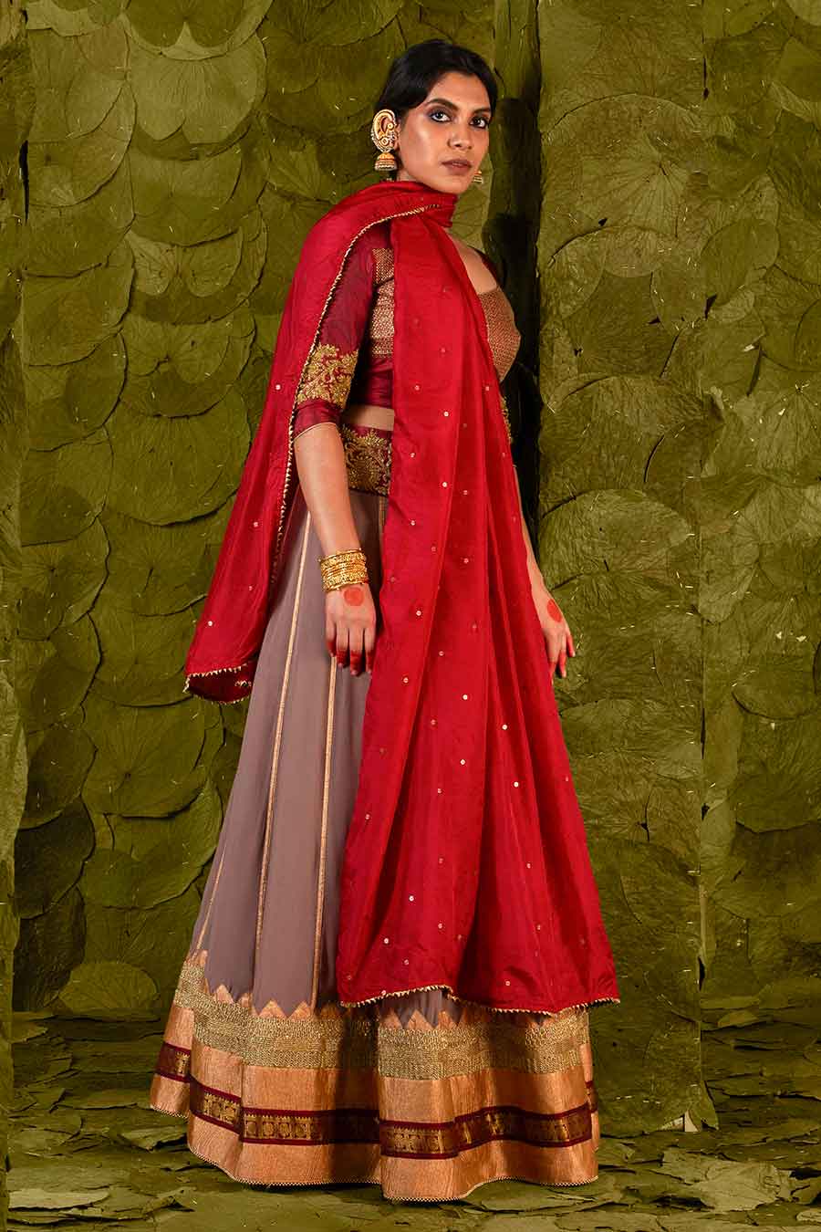 Maroon & Bracken Grey Embroidered Lehenga Set