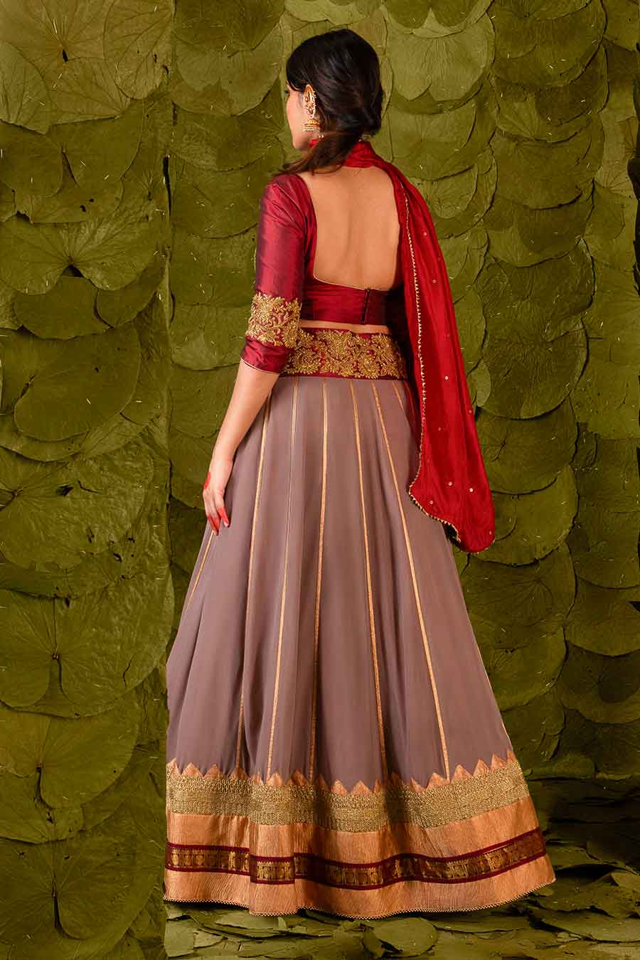 Maroon & Bracken Grey Embroidered Lehenga Set