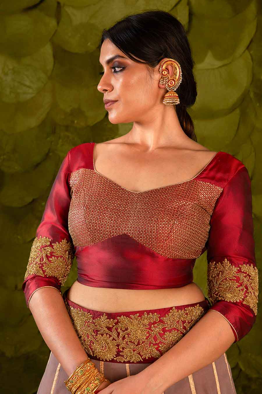 Maroon & Bracken Grey Embroidered Lehenga Set