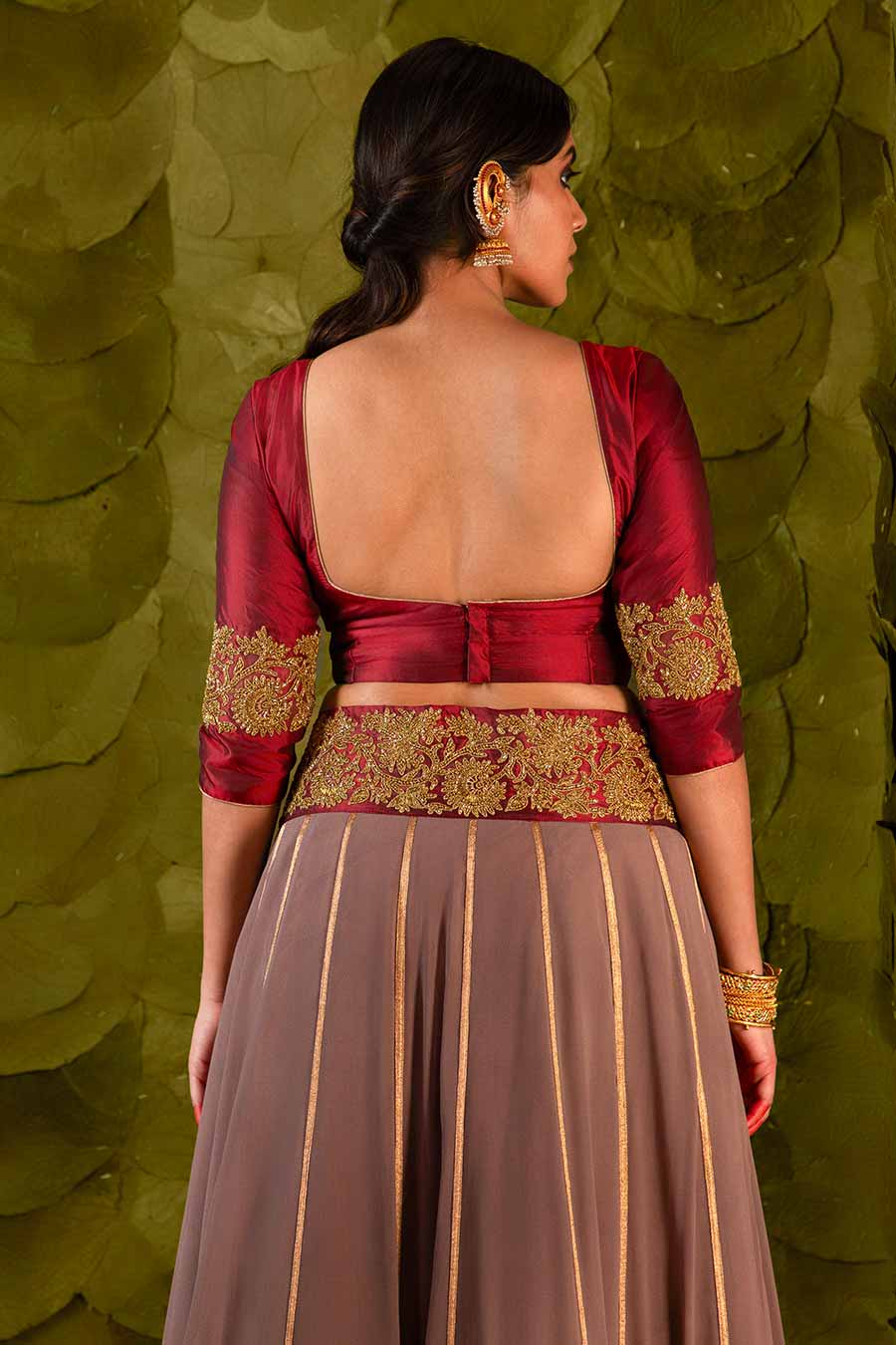 Maroon & Bracken Grey Embroidered Lehenga Set