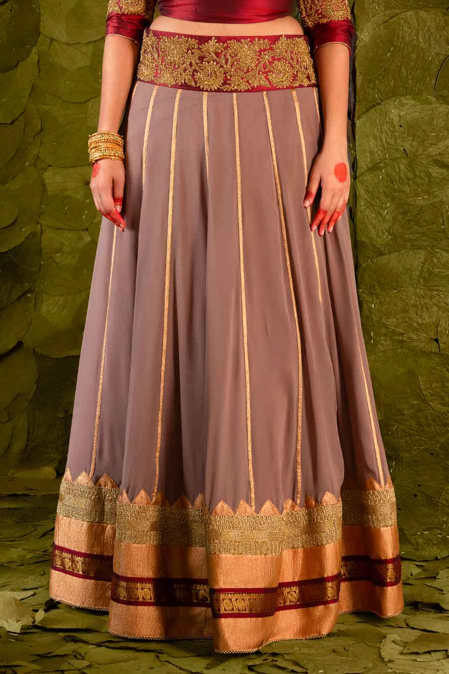 Maroon & Bracken Grey Embroidered Lehenga Set
