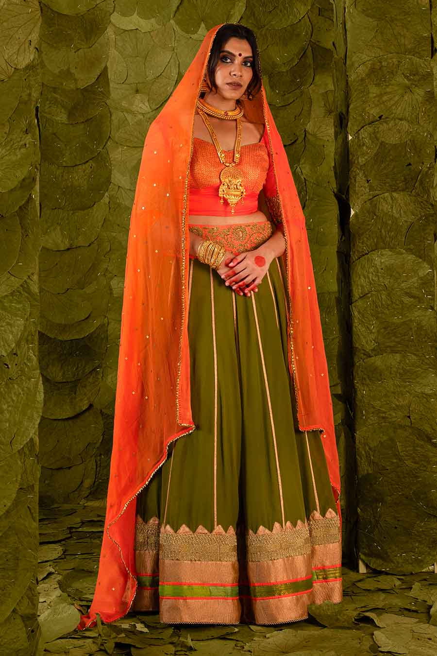 Orange & Moss Green Embroidered Lehenga Set