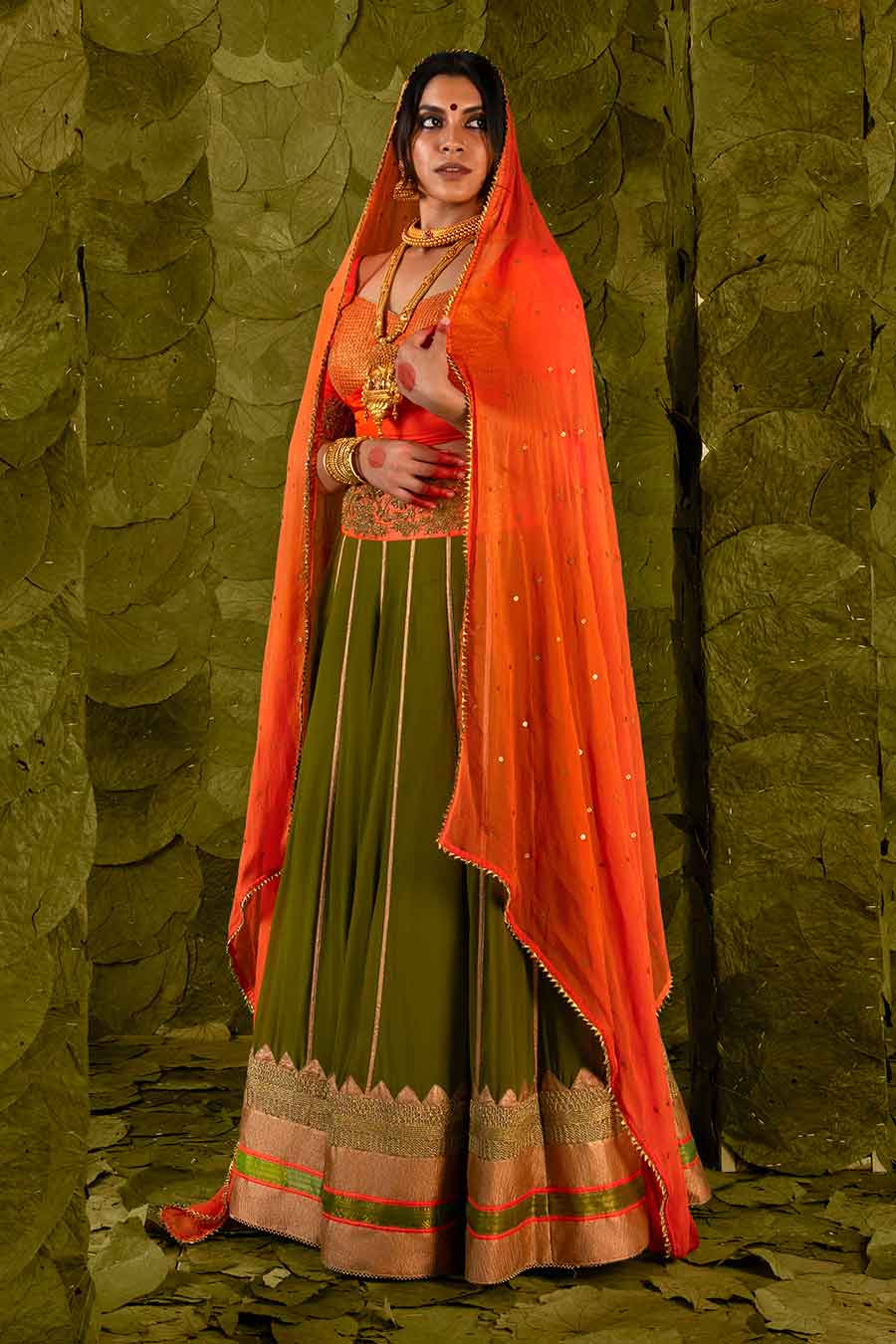 Orange & Moss Green Embroidered Lehenga Set