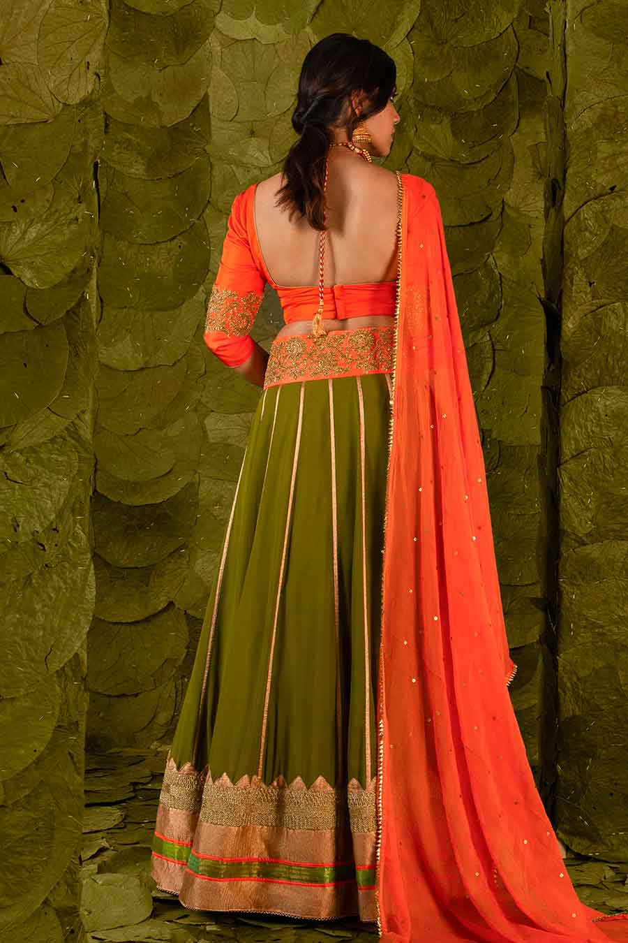 Orange & Moss Green Embroidered Lehenga Set