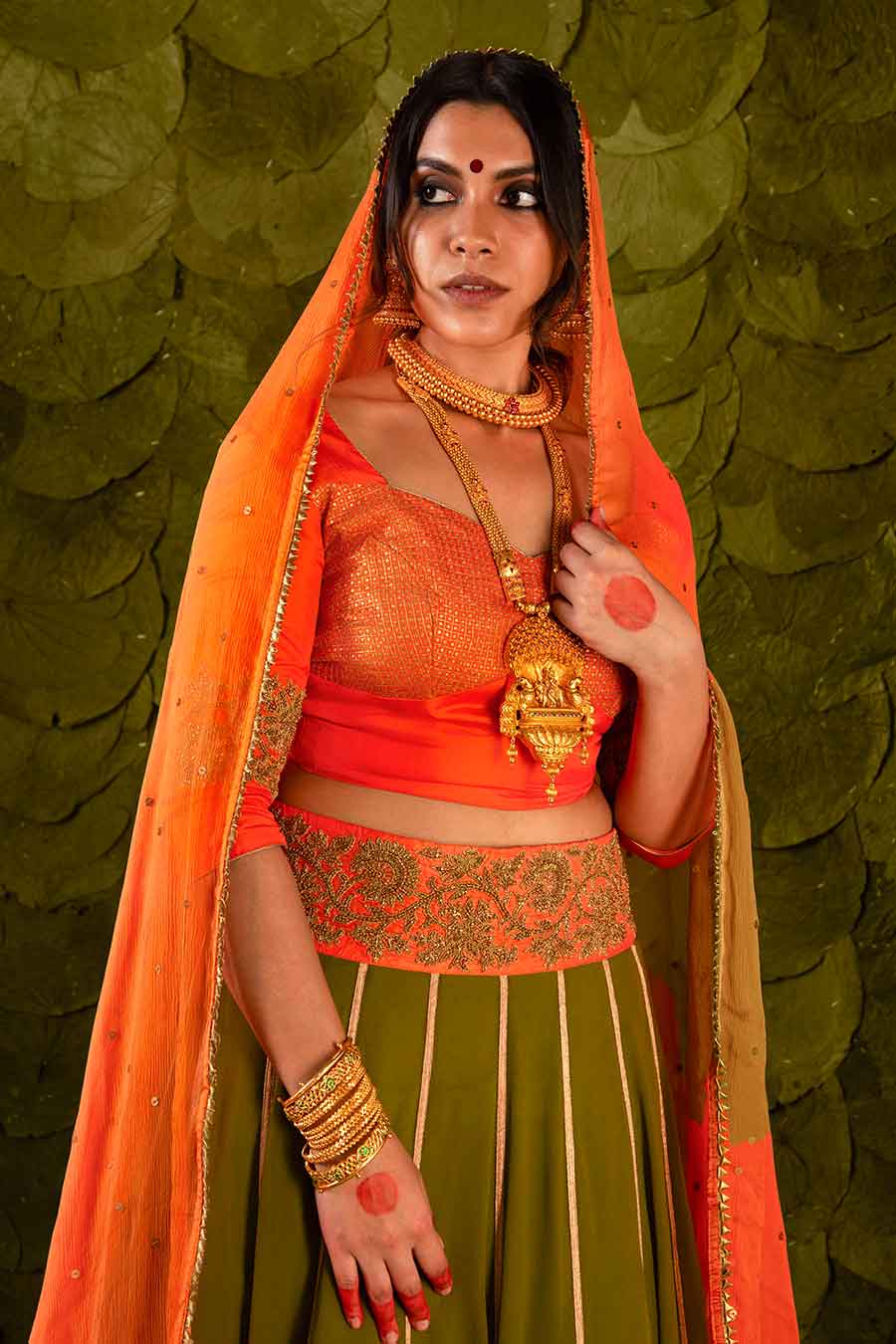 Orange & Moss Green Embroidered Lehenga Set