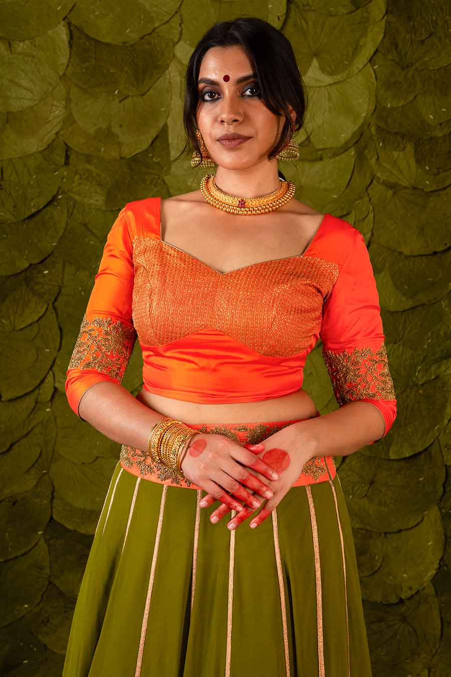 Orange & Moss Green Embroidered Lehenga Set