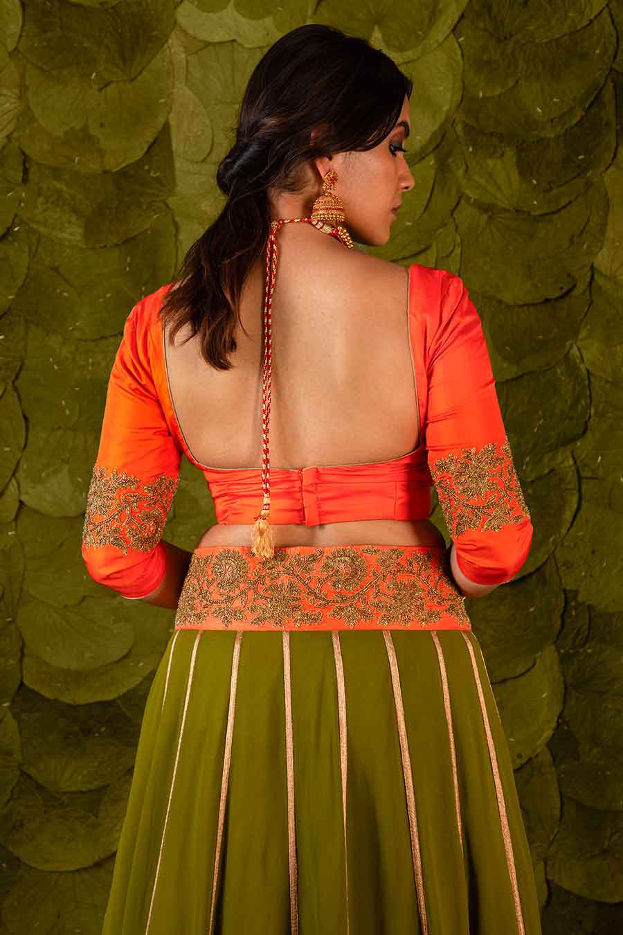 Orange & Moss Green Embroidered Lehenga Set