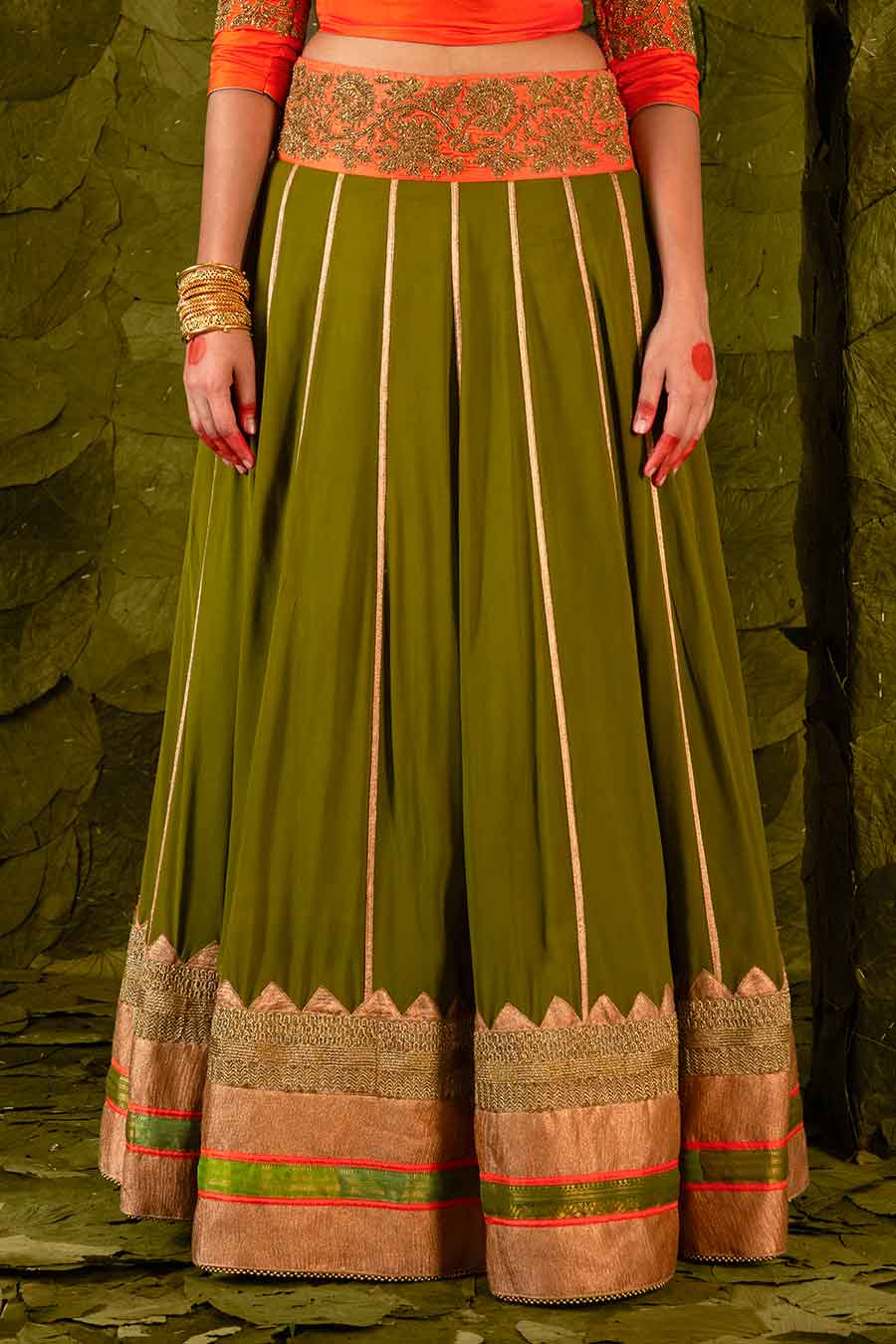 Orange & Moss Green Embroidered Lehenga Set