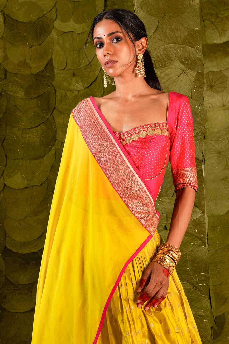 Pink & Yellow Embroidered Lehenga Set