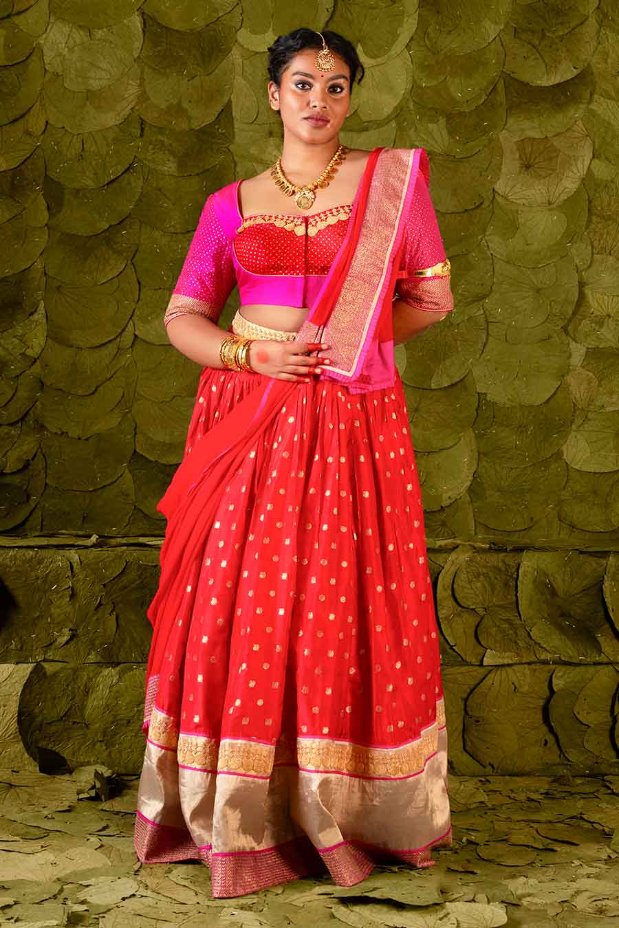 Pink & Red Embroidered Lehenga Set