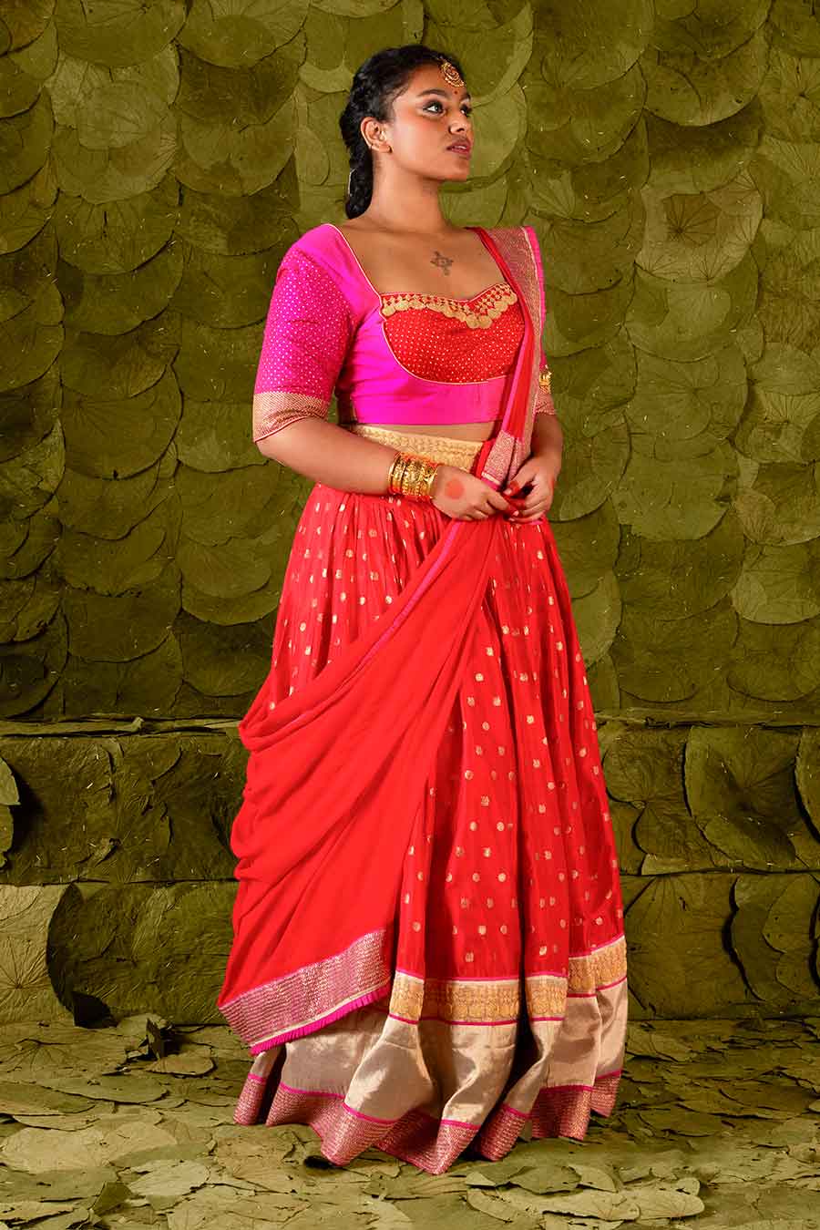 Pink & Red Embroidered Lehenga Set