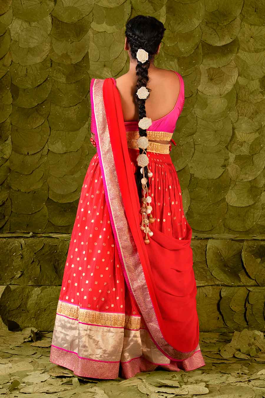 Pink & Red Embroidered Lehenga Set