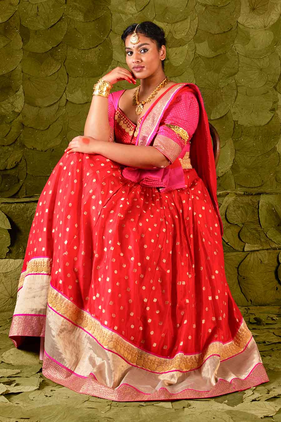 Pink & Red Embroidered Lehenga Set