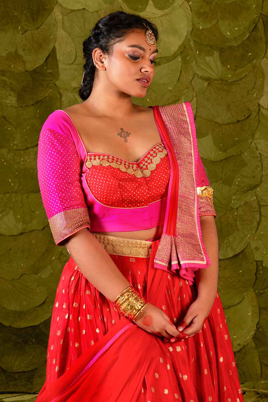 Pink & Red Embroidered Lehenga Set