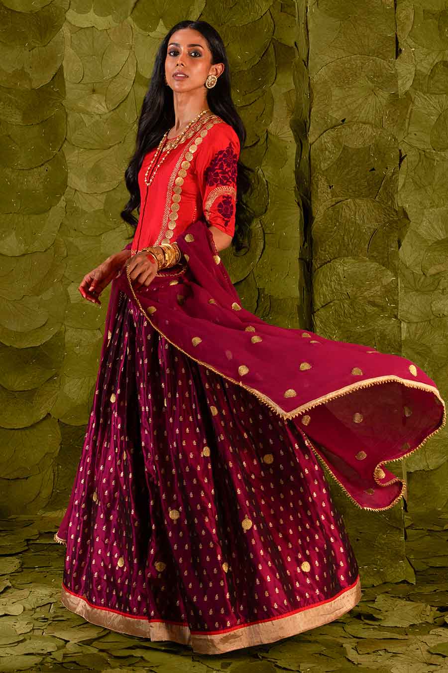 Red & Maroon Embroidered Lehenga Set