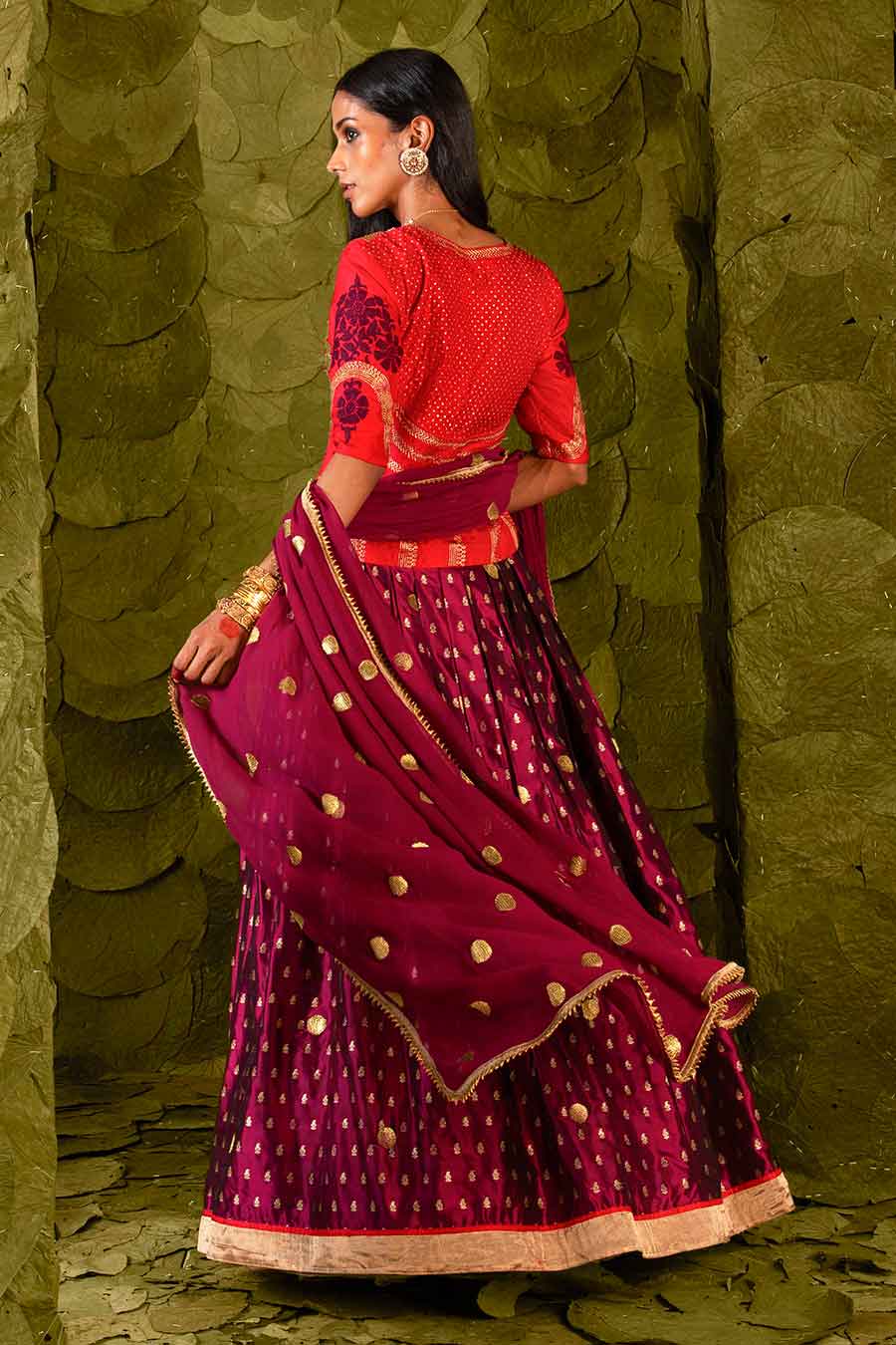 Red & Maroon Embroidered Lehenga Set