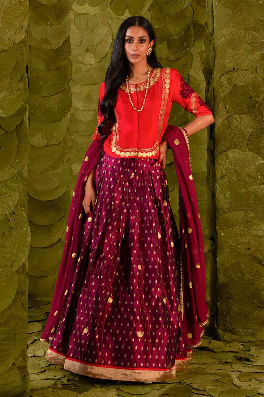 Red & Maroon Embroidered Lehenga Set