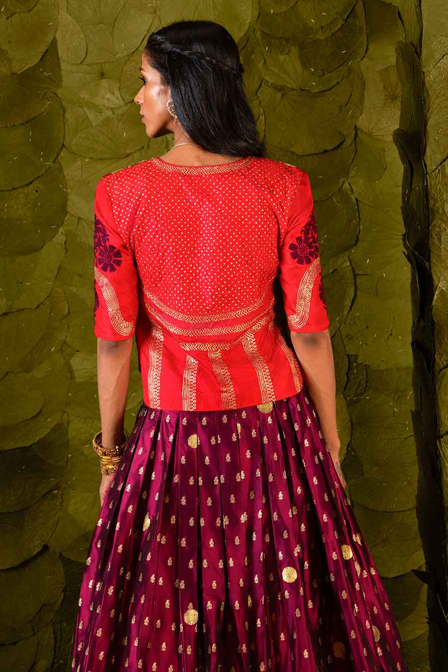 Red & Maroon Embroidered Lehenga Set