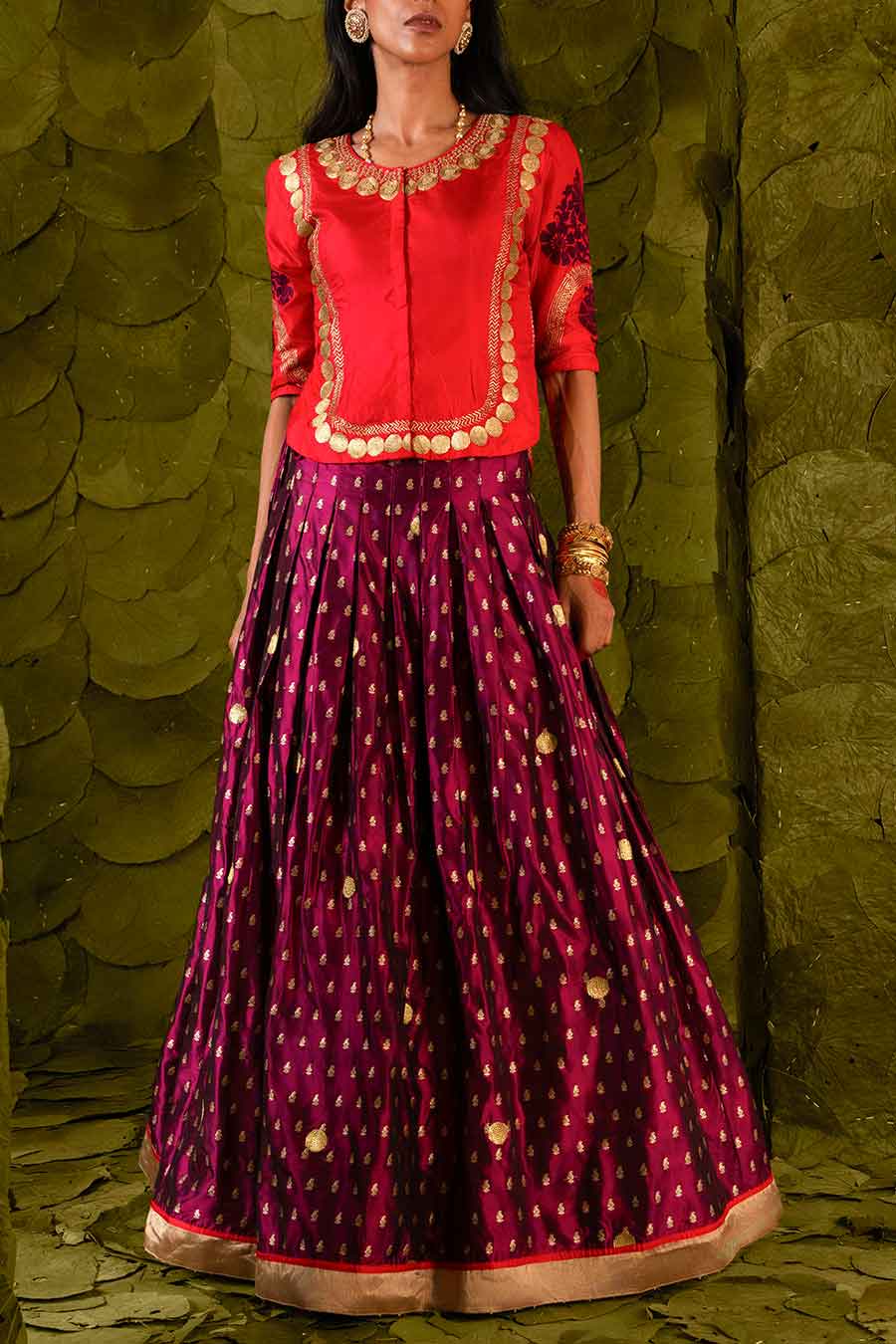 Red & Maroon Embroidered Lehenga Set