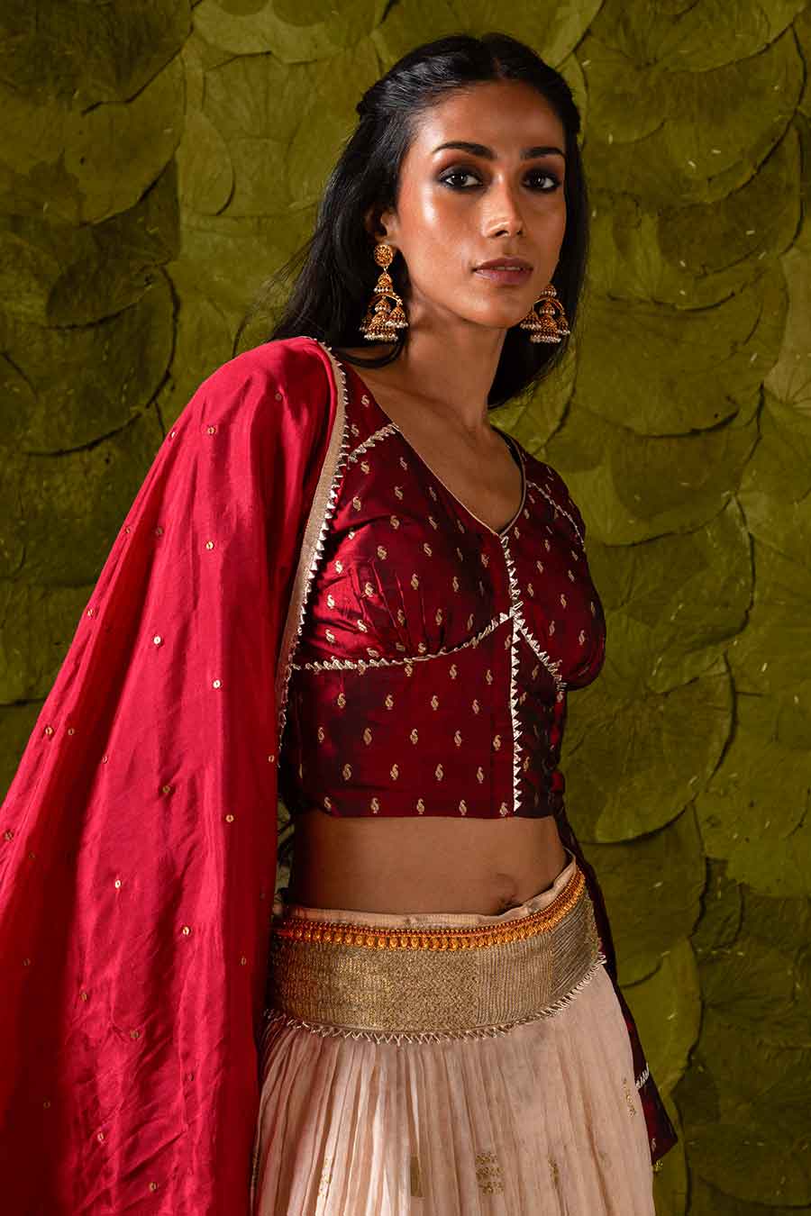 Maroon & Rose Dust Off-White Embroidered Lehenga Set