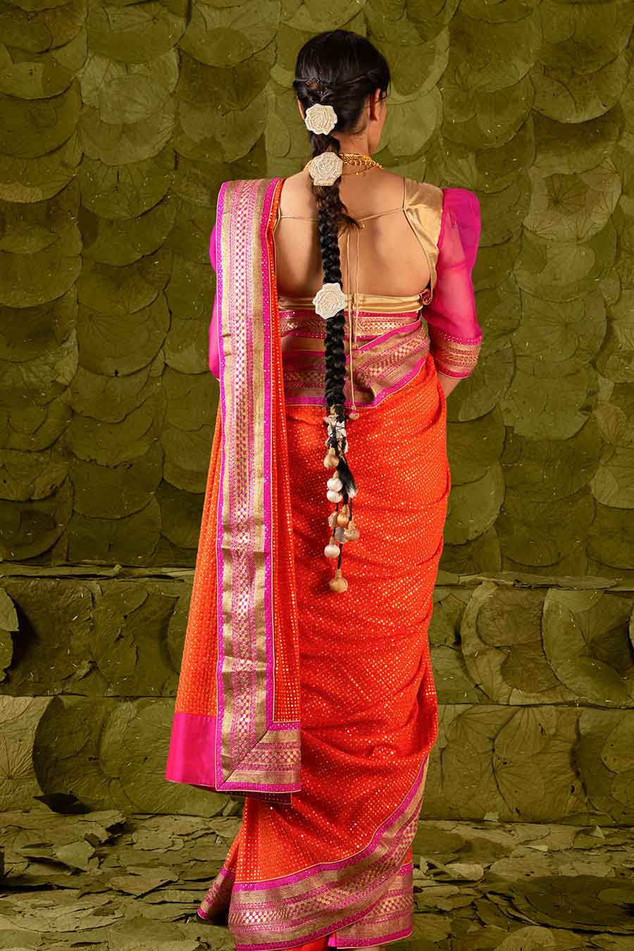 Orange Embroidered Saree Set