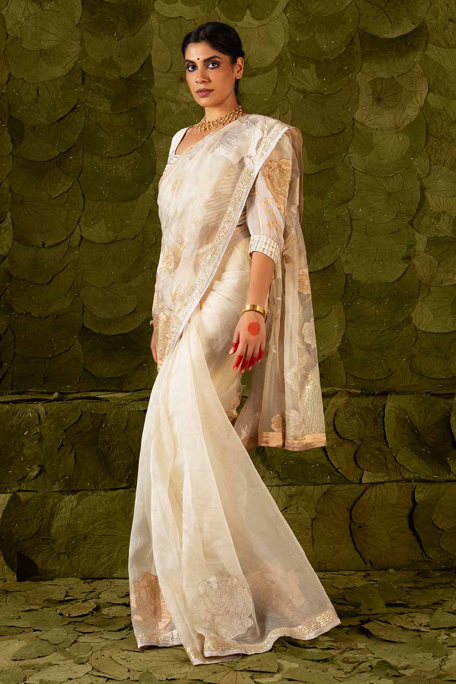 Cream Embroidered Saree Set