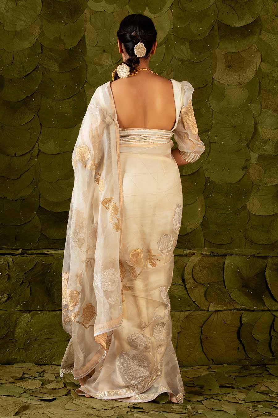 Cream Embroidered Saree Set