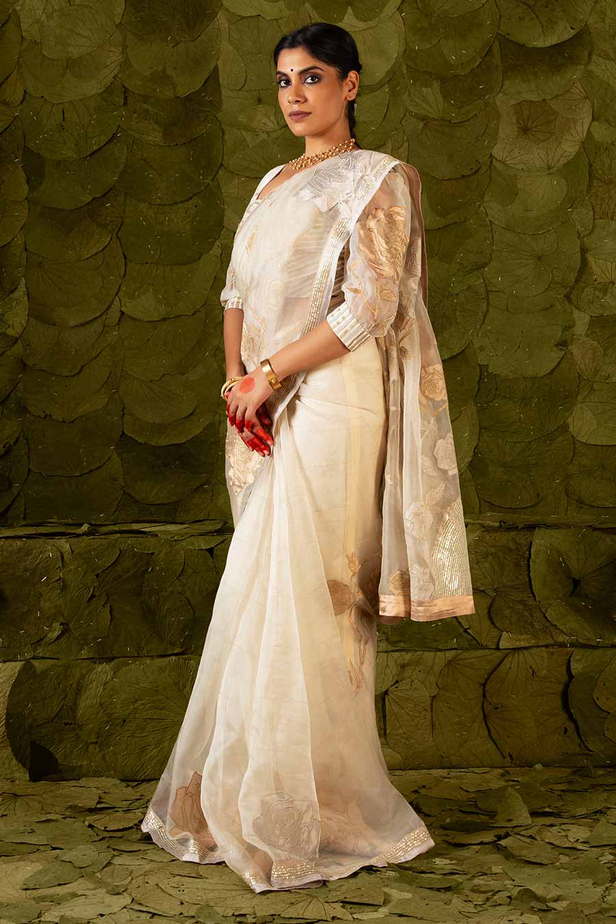 Cream Embroidered Saree Set