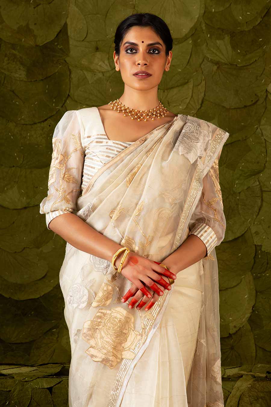 Cream Embroidered Saree Set