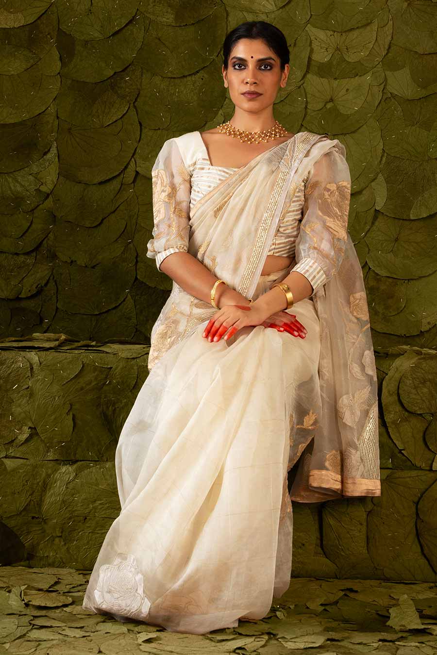 Cream Embroidered Saree Set