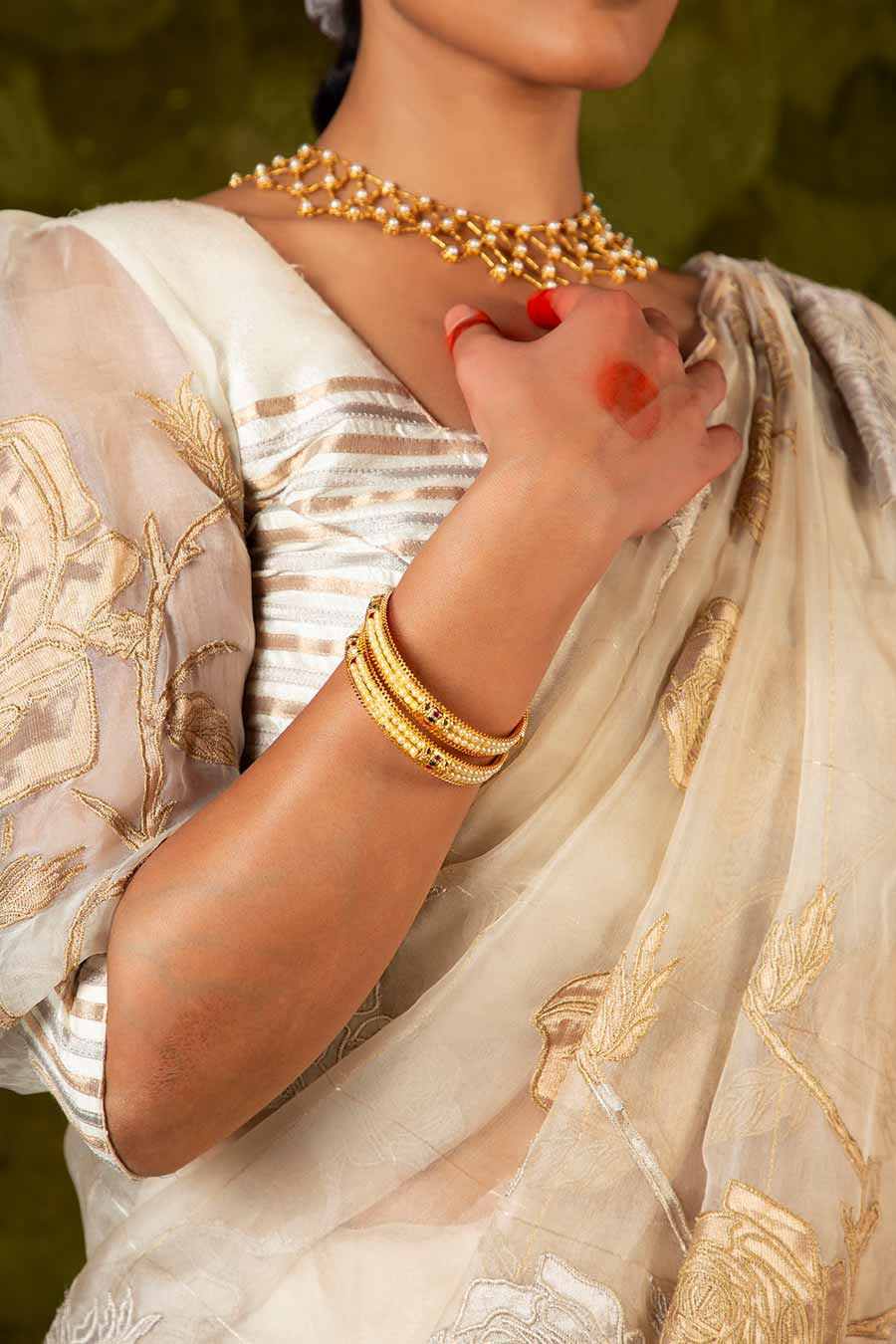 Cream Embroidered Saree Set