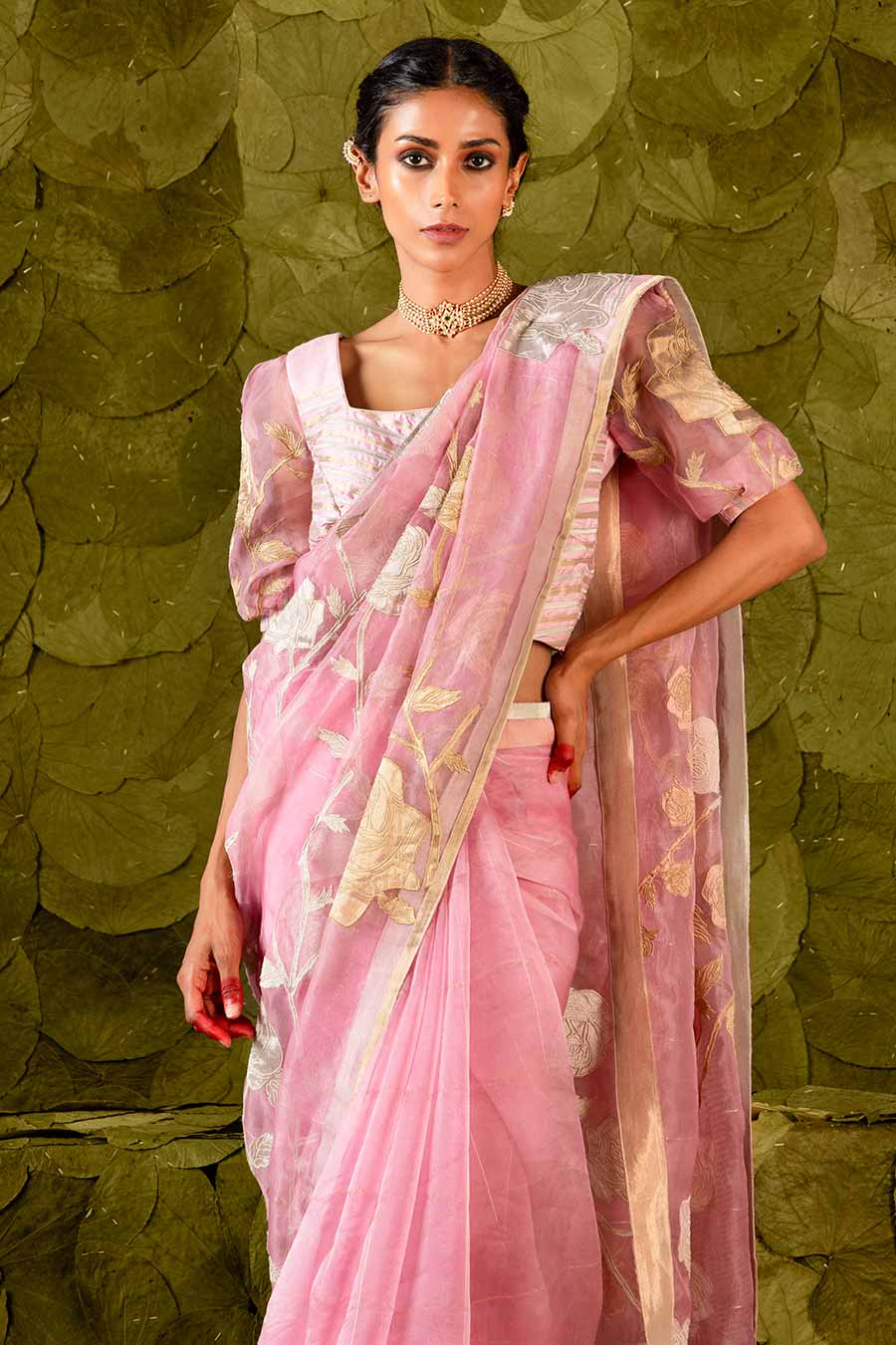 Pink Embroidered Saree Set