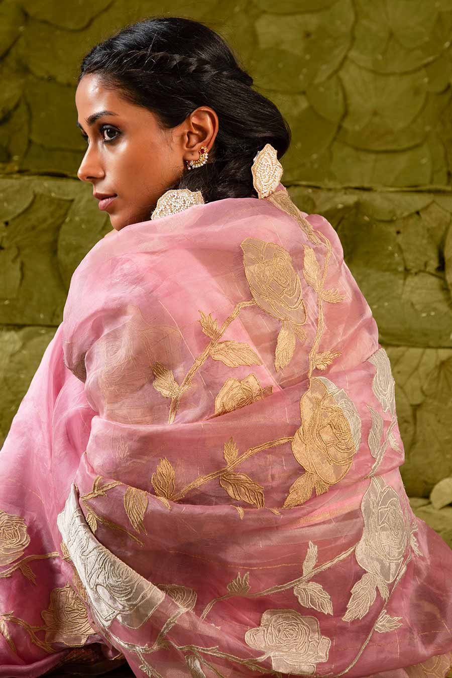 Pink Embroidered Saree Set