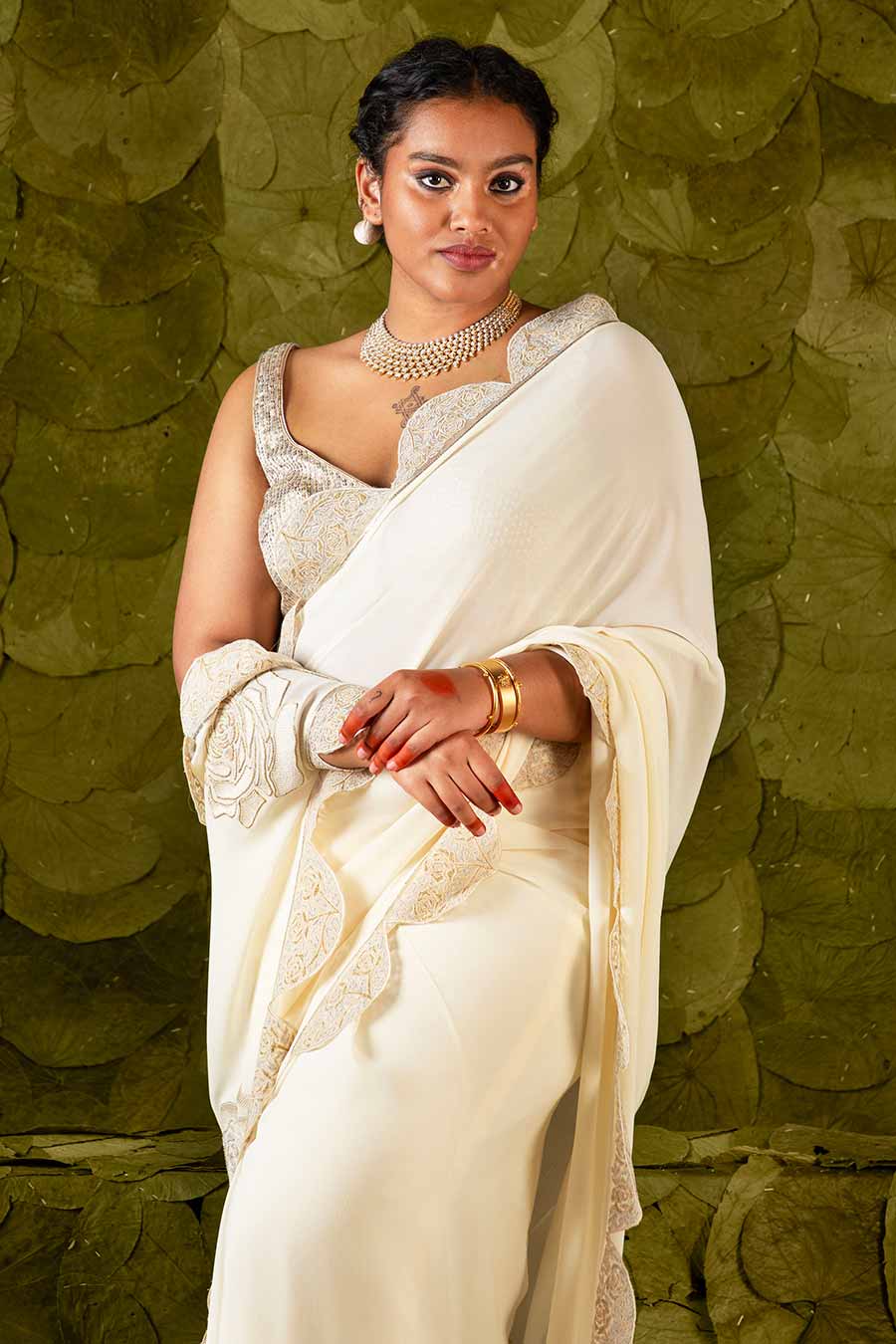 Canoli Cream Embroidered Saree Set