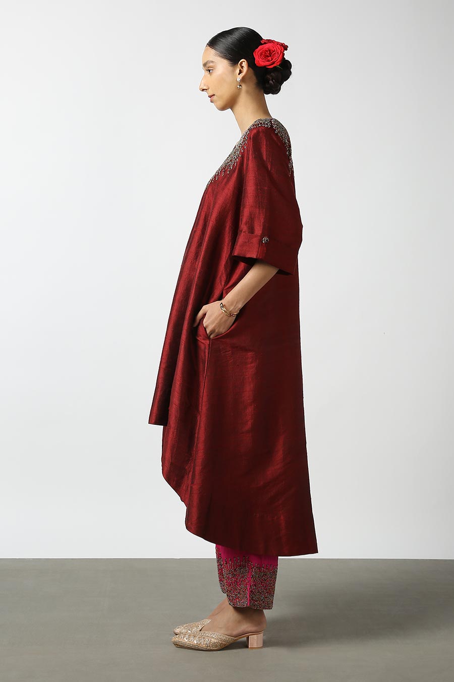 Maroon Embroidered Silk Kurta