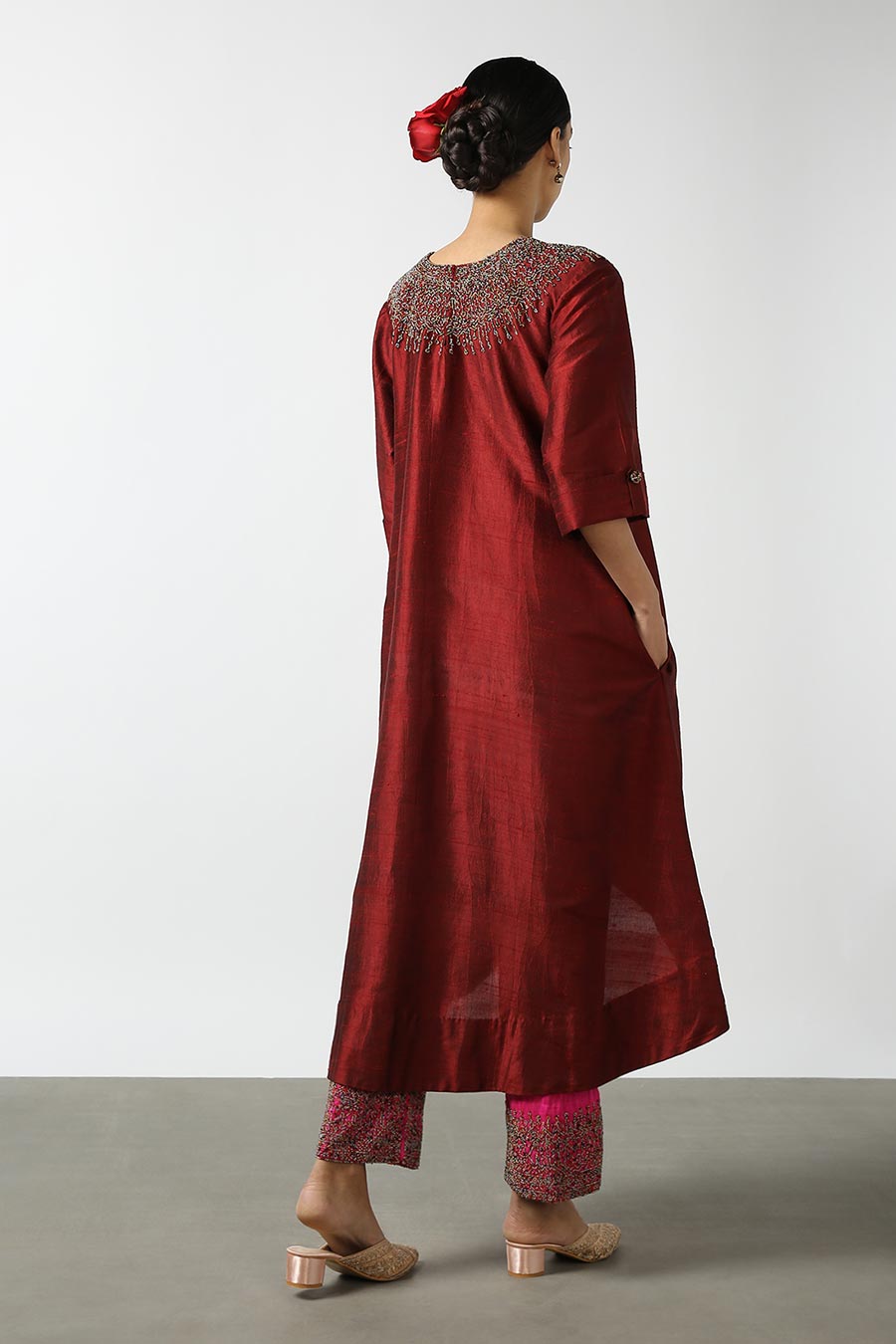 Maroon Embroidered Silk Kurta