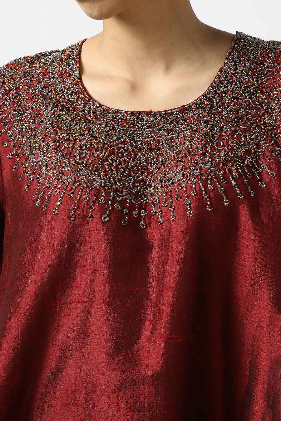 Maroon Embroidered Silk Kurta