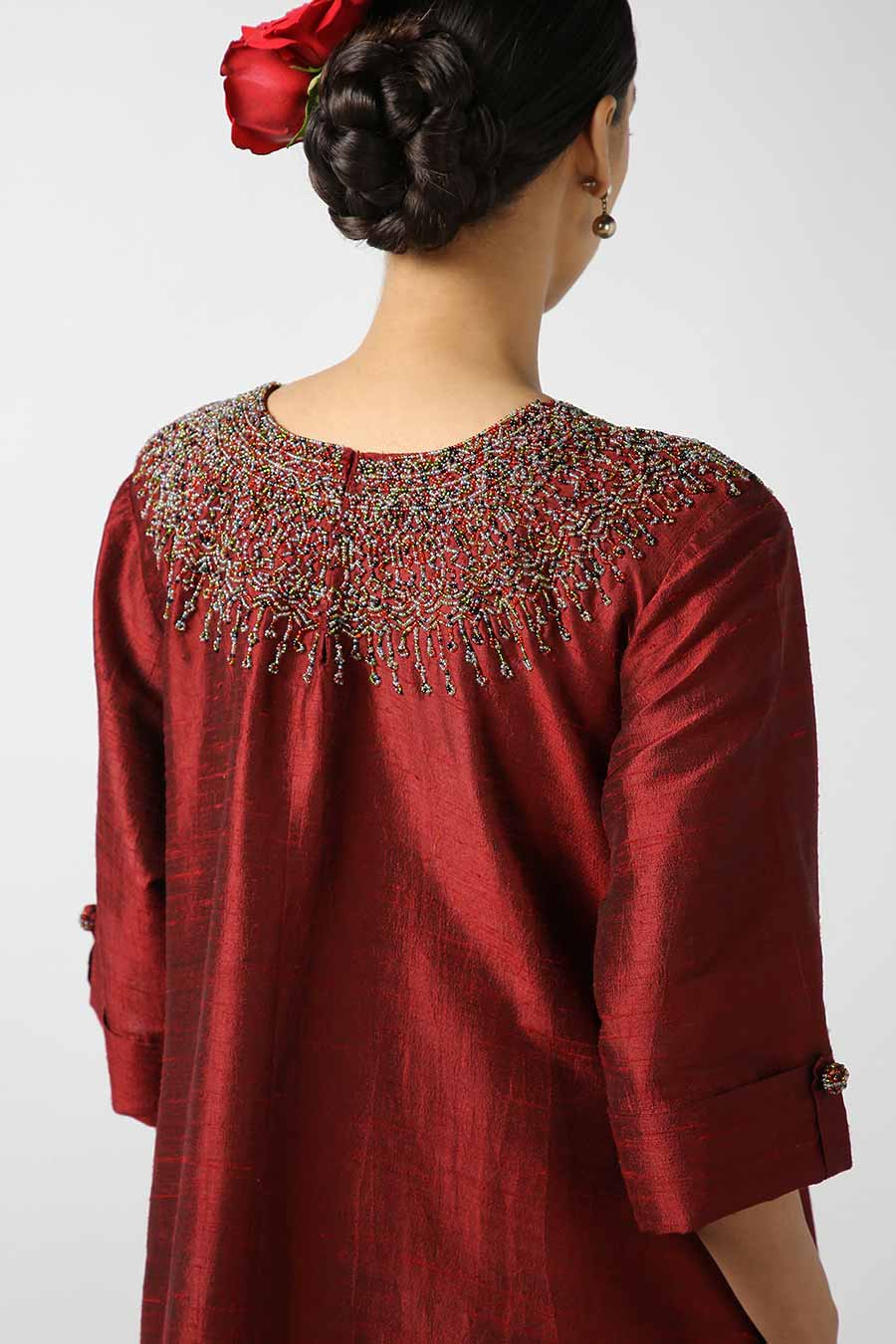 Maroon Embroidered Silk Kurta