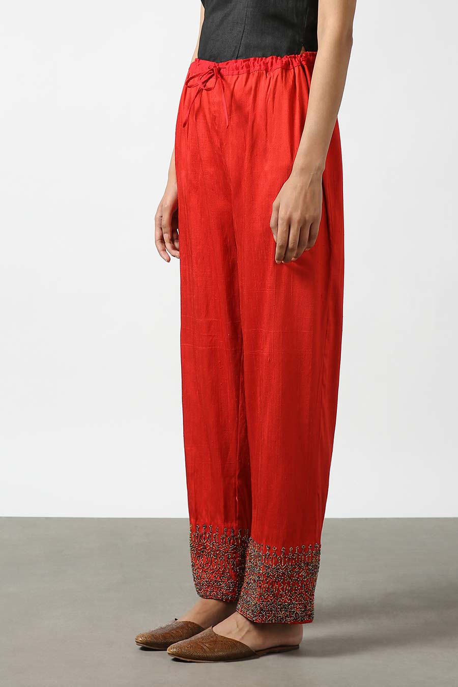 Red Silk Embroidered Pants