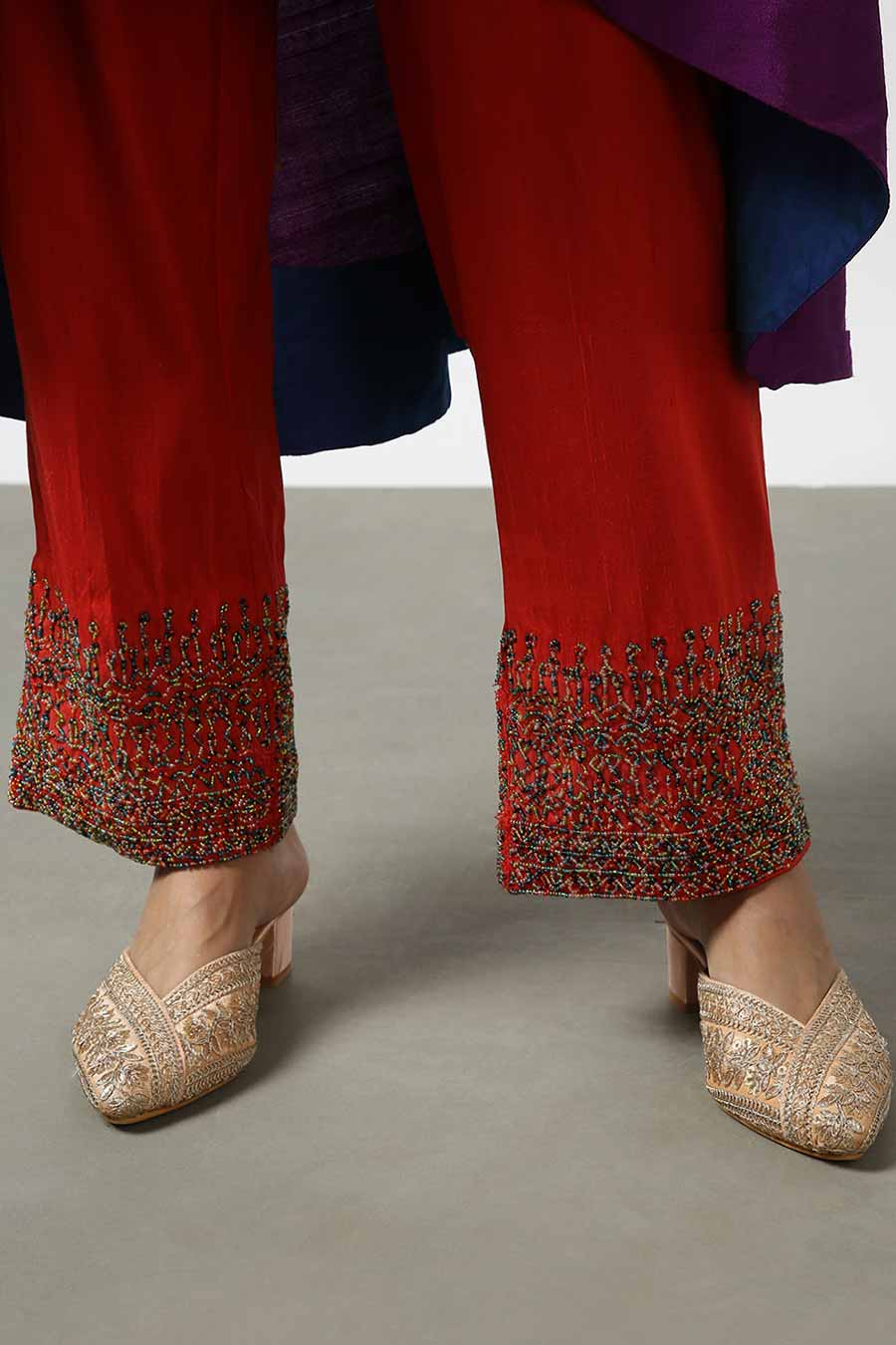 Red Silk Embroidered Pants